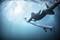 Eine Surferin in einem Neoprenanzug paddelt unter Wasser mit ihrem Surfbrett, umgeben von blauem Licht.