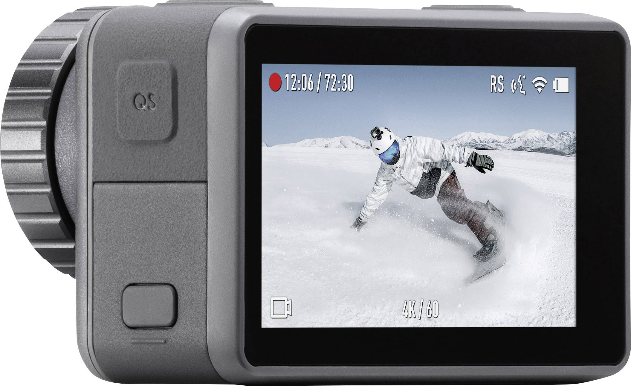 Kamera mit Bildschirm zeigt Snowboarder auf verschneiter Piste. Oben links Aufnahmeanzeige, rechts Aufnahmeeinstellungen.