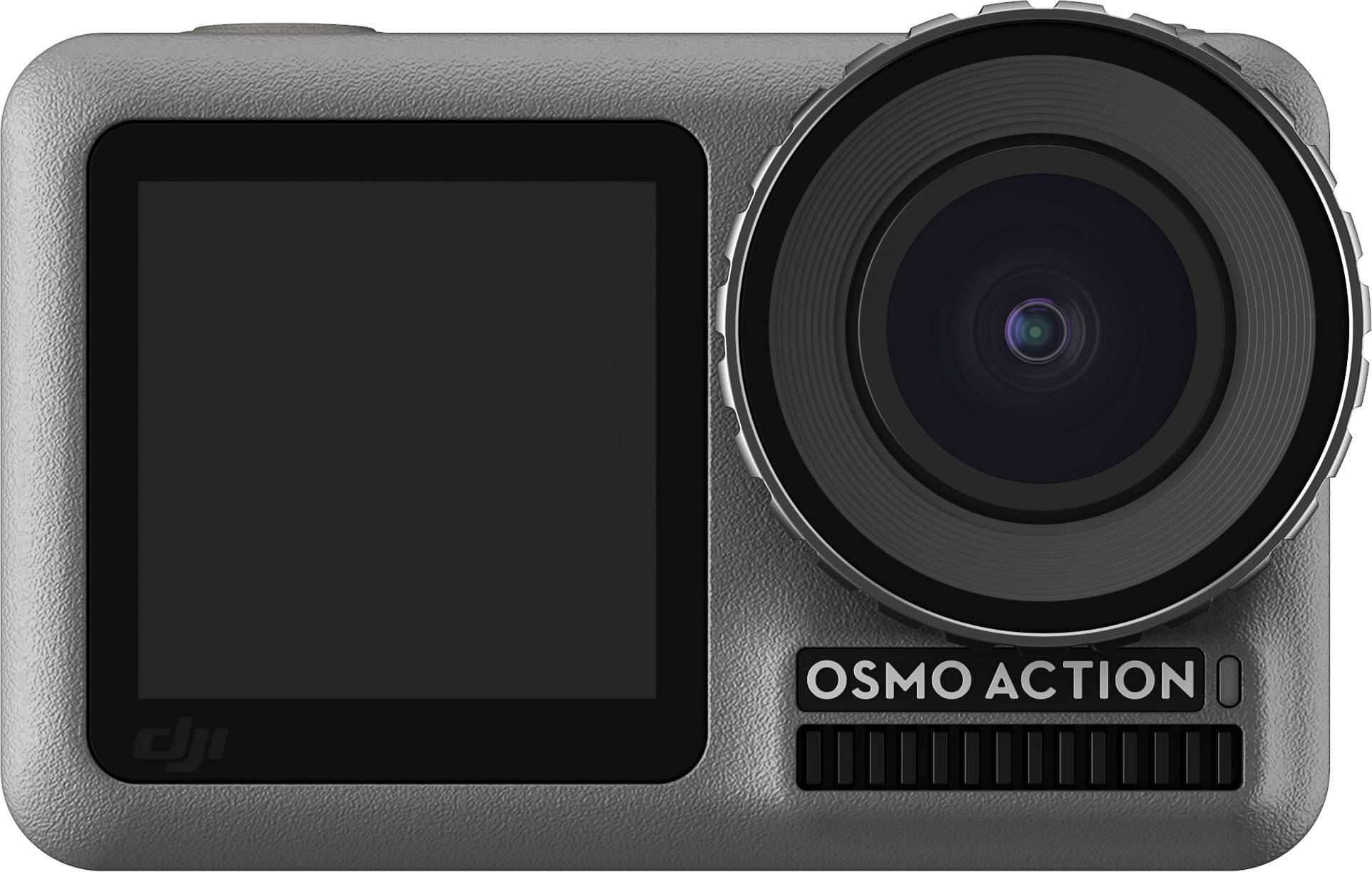 Eine Action-Kamera mit großem Objektiv und Display. Aufschrift 'OSMO ACTION'. Ideal für Aufnahmen in bewegungsreichen Situationen.