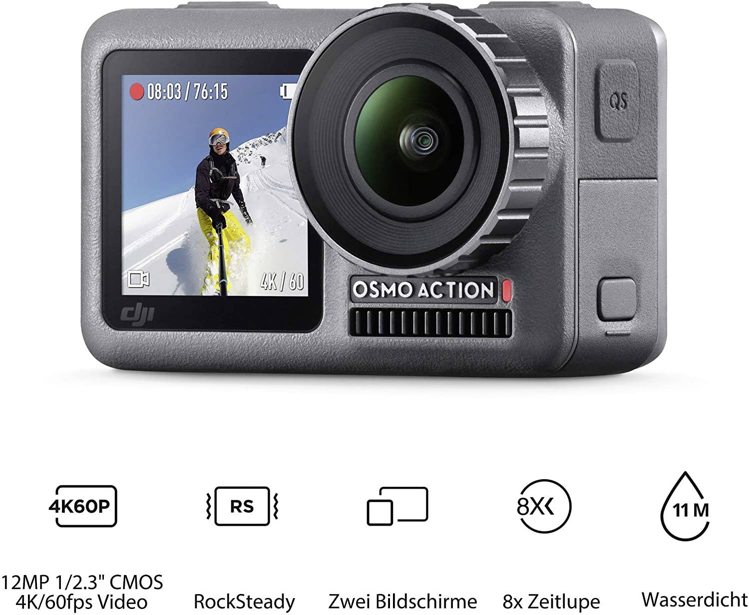 Digitalkamera mit 12MP, 4K/60fps Videoaufnahme, RockSteady Stabilisierung und zwei Bildschirmen. Wasserdicht bis 11 Meter.