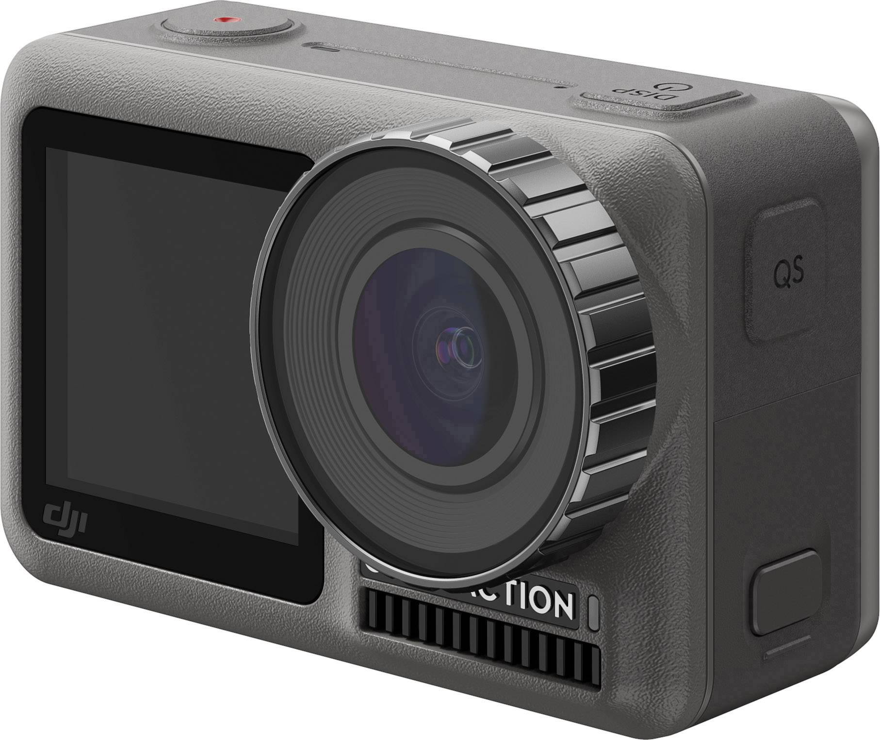 Eine graue Action-Kamera mit großer Linse und Bildschirm, geeignet zur Aufnahme von Videos und Fotos in dynamischen Umgebungen.