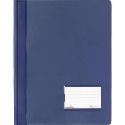 Eine blaue Projektmappe mit Beschriftungsfeld unten rechts. Die Mappe hat einen breiten Rücken und ist aus Plastik.
