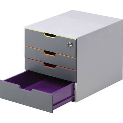 Ein grauer Büro-Schubladenkasten mit vier farblich markierten Schubladen, die oberste abschließbar, die unterste ist offen.