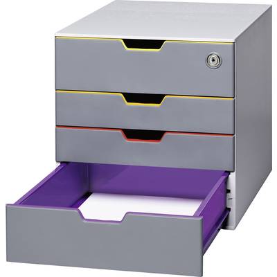 Graue Schubladenbox mit vier Schubladen, davon drei geschlossen. Die unterste Schublade ist offen und lila, enthält weiße Papiere.