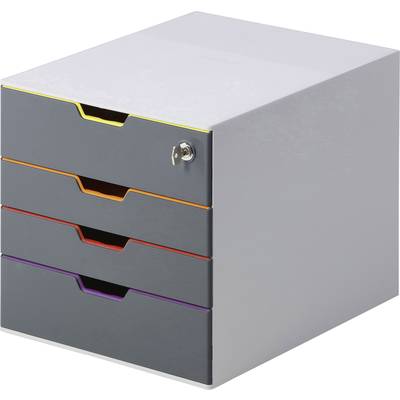 Vier bunte Schubladenbox mit Schloss oben rechts, geeignet zur organisierten Aufbewahrung von Dokumenten oder Büromaterialien.