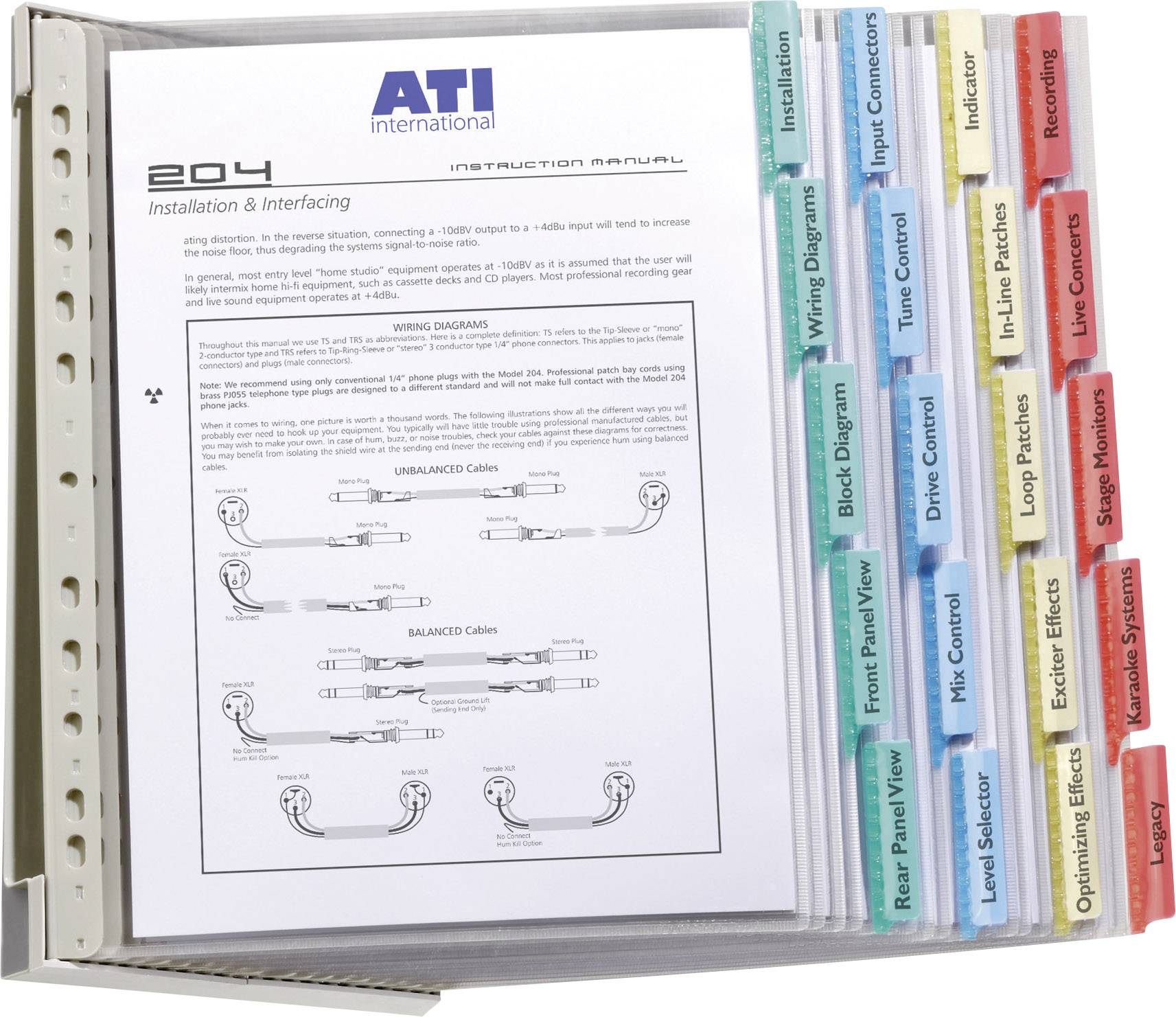 'Ordner mit Anleitungen und Reitern: Installation, Blockdiagramm, Verdrahtung, Mix-Anschlüsse, Effekte, Optimierung, Referenzen.'