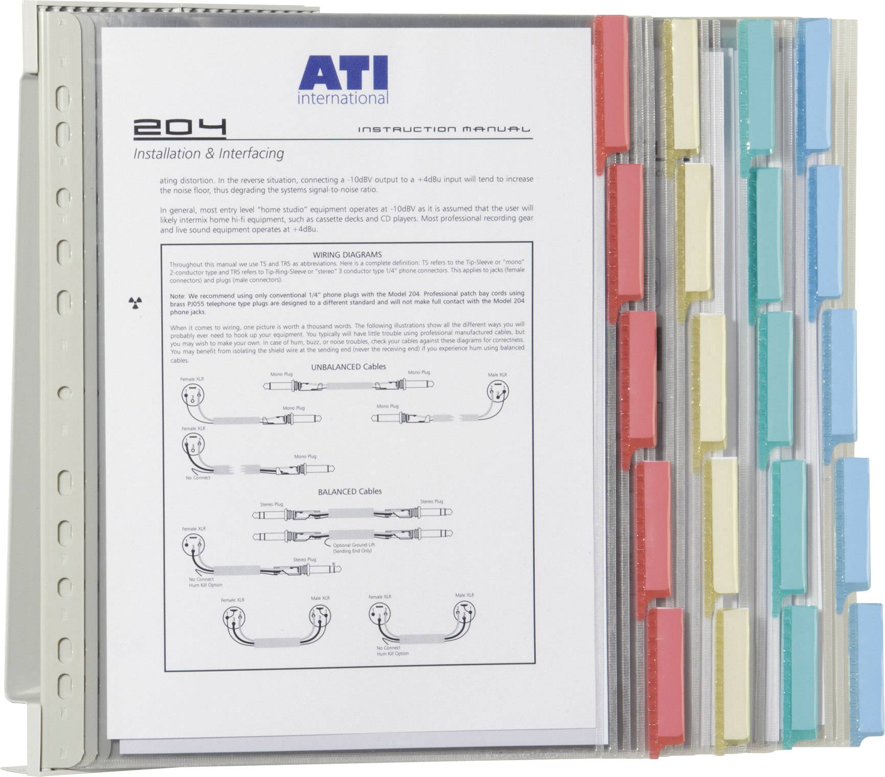 'ATI international Installation Manual 204', offen in einem Ordner, mit farbigen Registerkarten auf der rechten Seite.