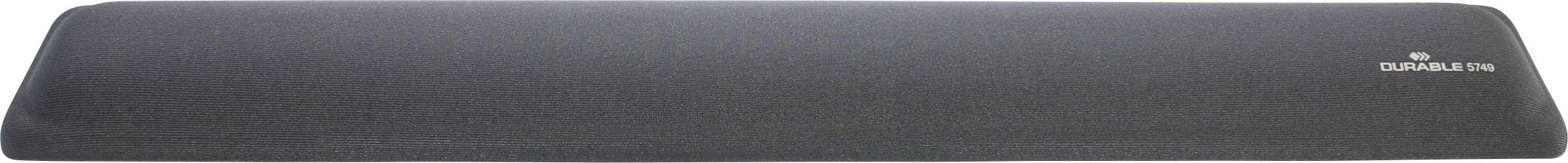 Eine schwarze Handballenauflage mit einem kleinen Markenlogo in der oberen rechten Ecke. Ideal für ergonomisches Tippen.