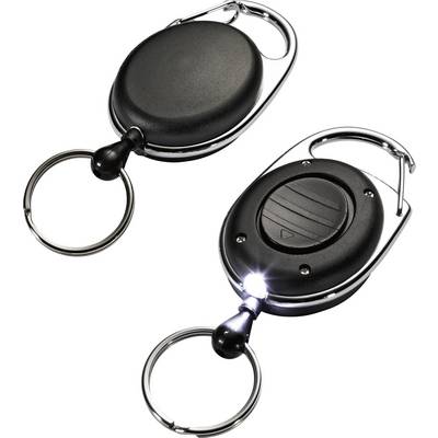 Zwei schwarze Schlüsselanhänger mit runden Gehäusen und silbernen Ringen; einer hat eine kleine LED-Leuchte aktiv.
