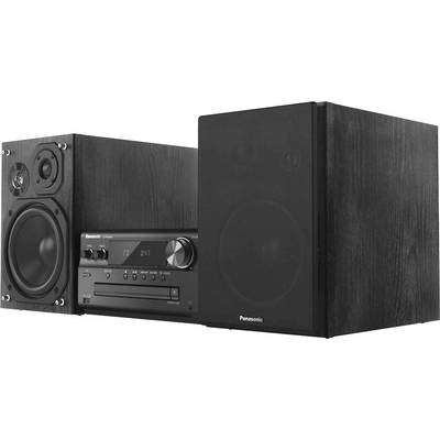 Schwarze Stereoanlage mit zwei Lautsprechern, CD-Player und Radioanzeige.
