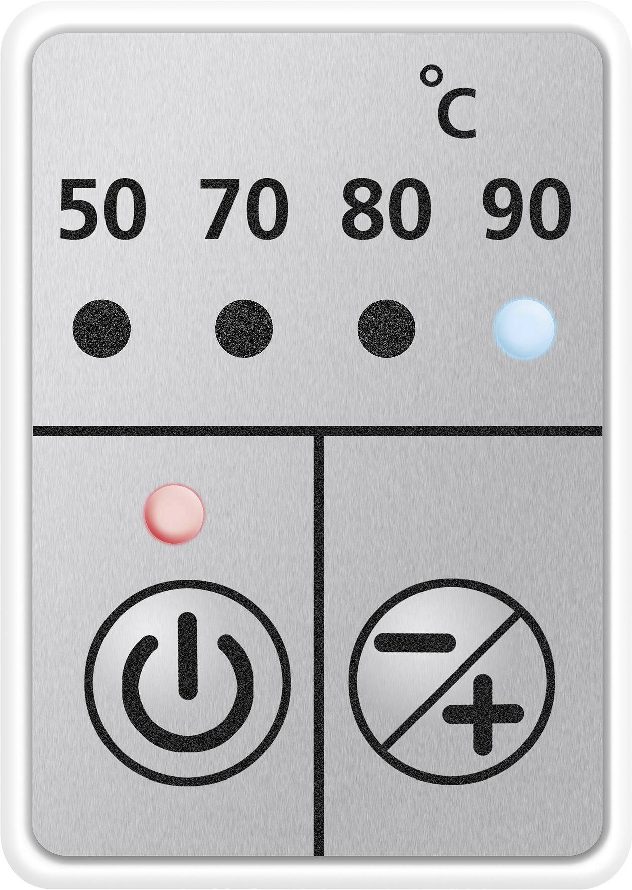 Eine silberne Bedienfläche mit Temperaturoptionen von 50 bis 90 Grad Celsius. Ein blaues Licht zeigt 90 Grad an, rotes Licht beim Einschaltknopf.