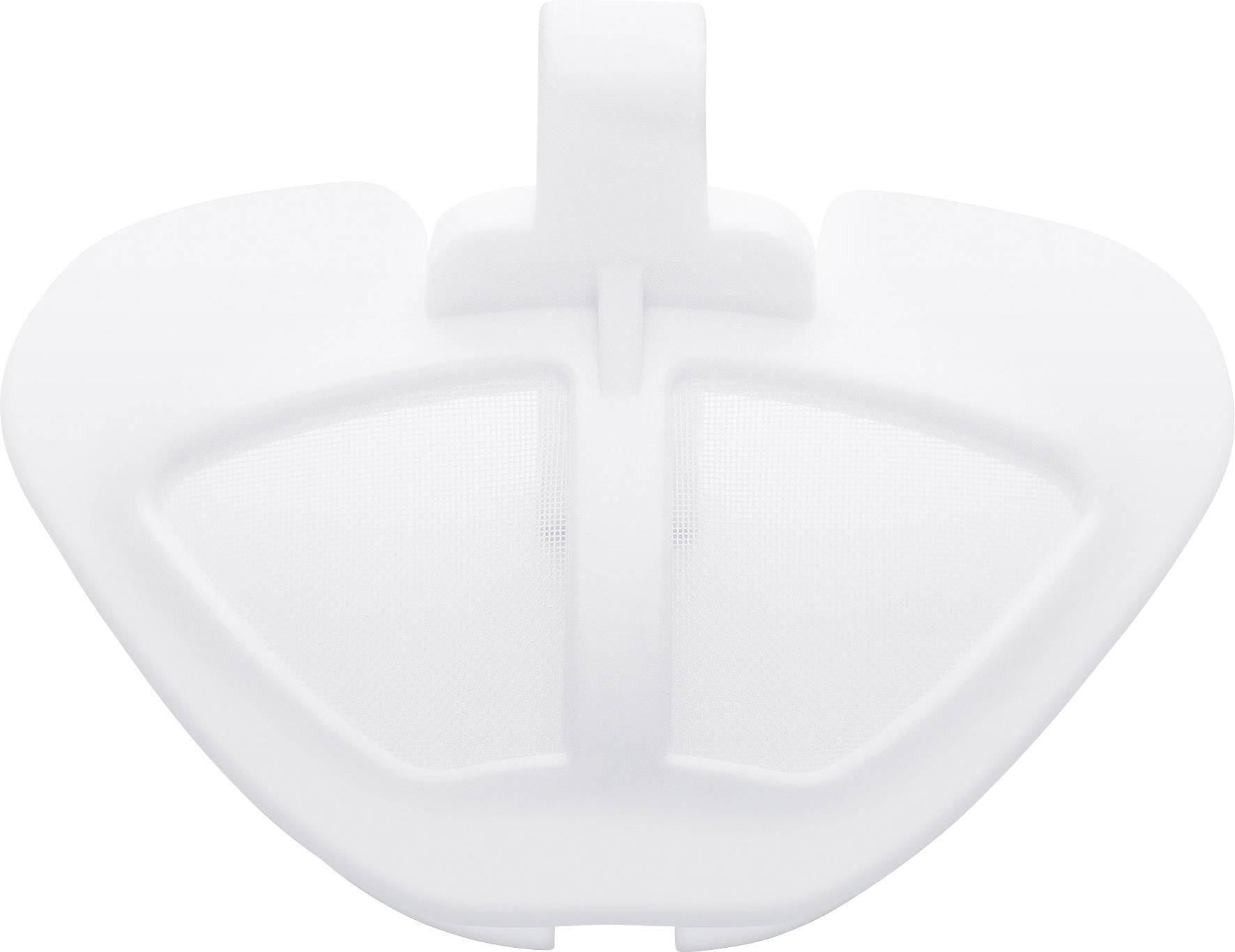 Ein weißer, dreieckiger Filter mit gerundeten Kanten und einer Lasche an der Oberseite, vermutlich für ein technisches Gerät.