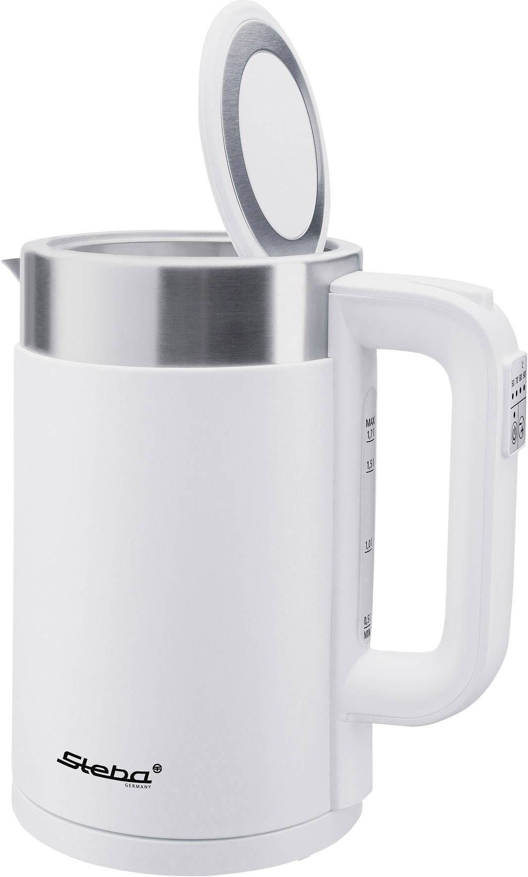 Ein weißer Wasserkocher mit geöffnetem Deckel und Edelstahlverkleidung. Markierungen für den Wasserstand sind sichtbar.