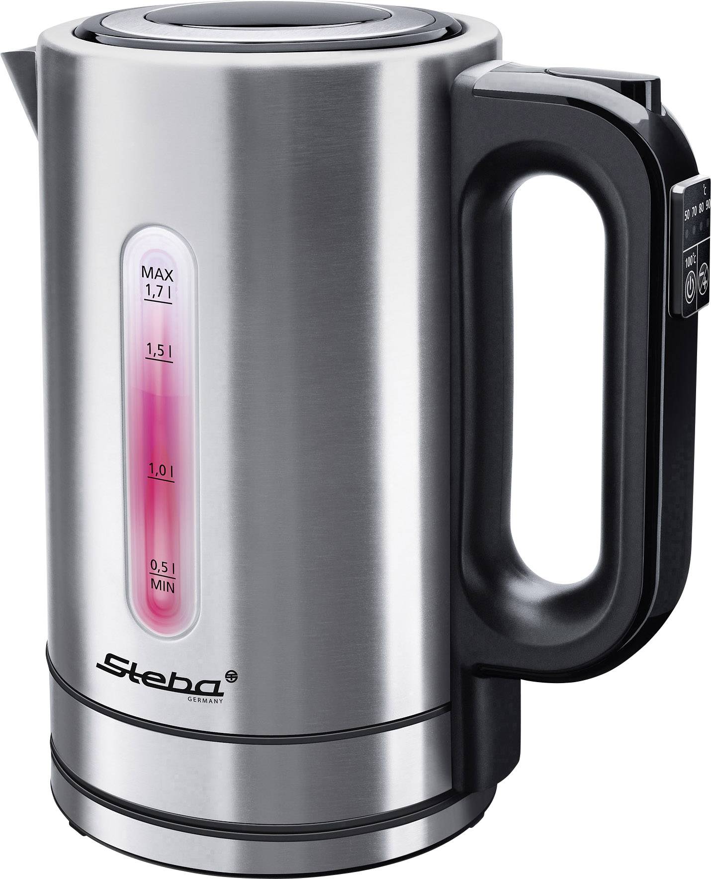 Ein Edelstahl-Wasserkocher mit Griff und Anzeige für Füllstand in Litern. Markenname 'Steba' unten sichtbar.