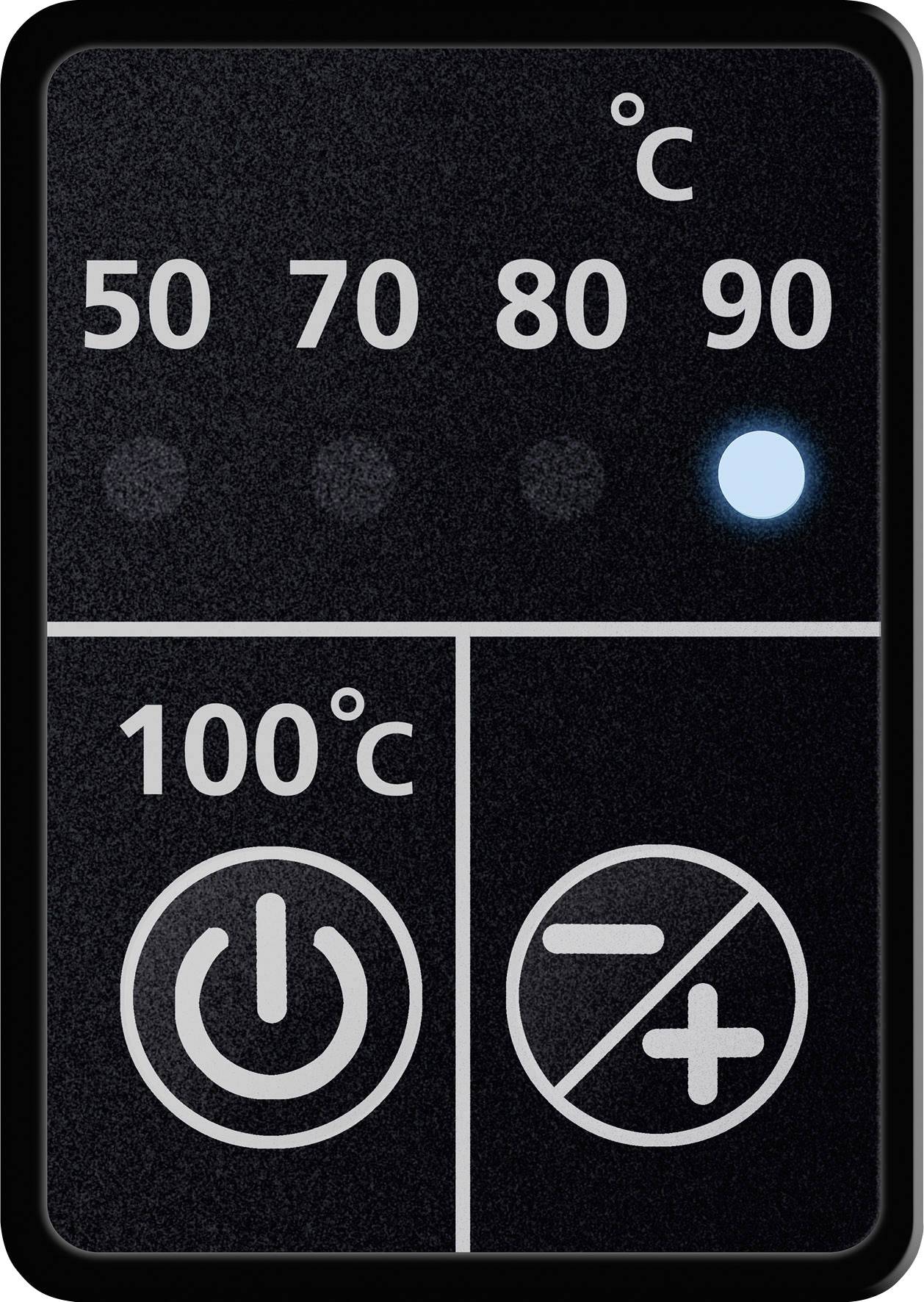 Temperaturanzeige mit vier Stufen: 50°C, 70°C, 80°C, 90°C. Leuchtpunkt bei 90°C. Symbole für Ein/Aus und Temperaturregelung.
