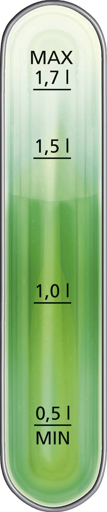 'Grüner Flüssigkeitsbehälter mit Skala von MIN 0,5 l bis MAX 1,7 l, aktuelle Flüssigkeitsmenge zwischen 1,0 l und 1,5 l.'