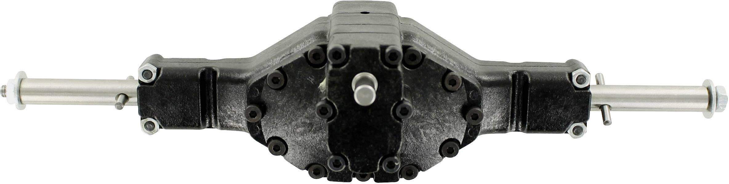 Metallischer mechanischer Bauteil mit zylindrischen Achsen an beiden Enden, zentraler Gehäuseteil mit mehreren Schrauben befestigt.