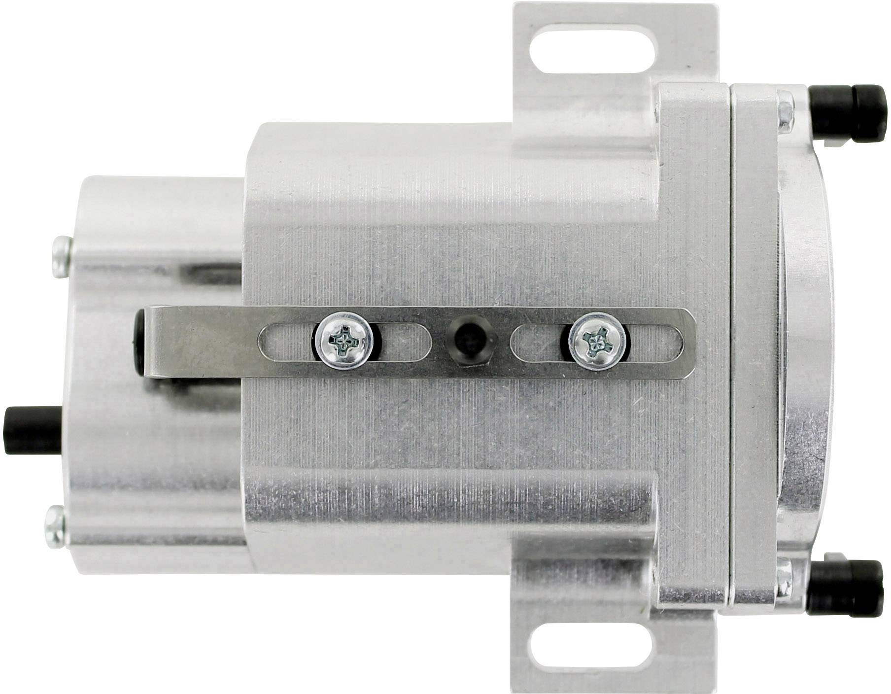 Ein silbernes zylindrisches mechanisches Teil mit Befestigungslöchern und Schrauben auf einer weißen Hintergrund.