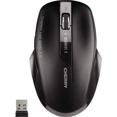 Schwarze kabellose Computermaus 'CHERRY MW 2310 2.0' mit Scrollrad, plus und minus Tasten, und USB-Empfänger daneben.