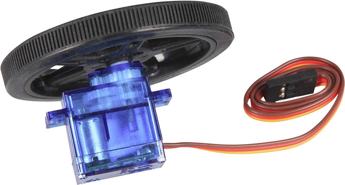 Ein blaues Modellbau-Servo mit einem schwarzen Rad und angeschlossenem Kabel, geeignet für Roboter- oder Fahrzeuganwendungen.