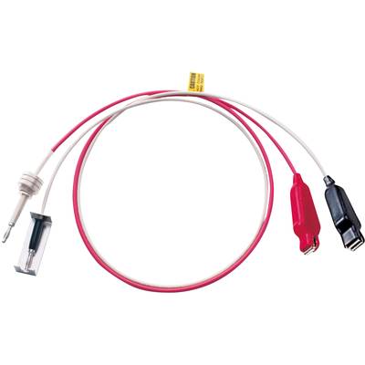 Ein rotes und ein weißes Kabel mit Klemmen und einem Sondenaufsatz, oft zum Testen elektrischer Verbindungen verwendet.