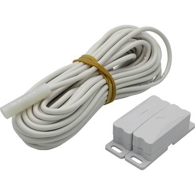 Ein weißer Kabelsensor ist aufgerollt und mit einem orangefarbenen Band gesichert. Daneben liegt ein magnetischer Tür- oder Fenstersensor.