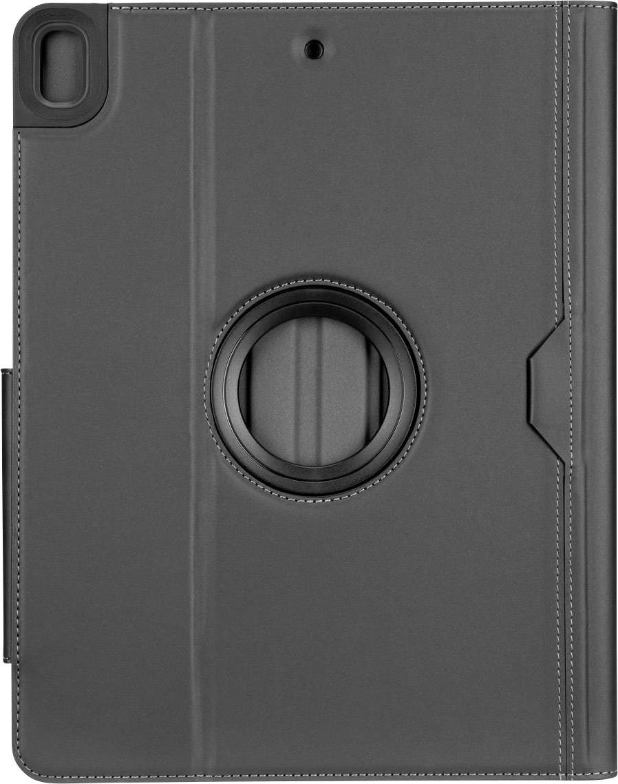 Die Abbildung zeigt eine schwarze Tablet-Hülle mit einem runden, drehbaren Ständer in der Mitte.