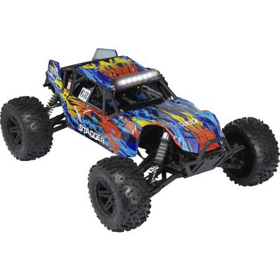 Ein buntes ferngesteuertes Auto im Offroad-Design mit großen Reifen, zeigt dynamische Bewegungsfähigkeit und robustes Aussehen.