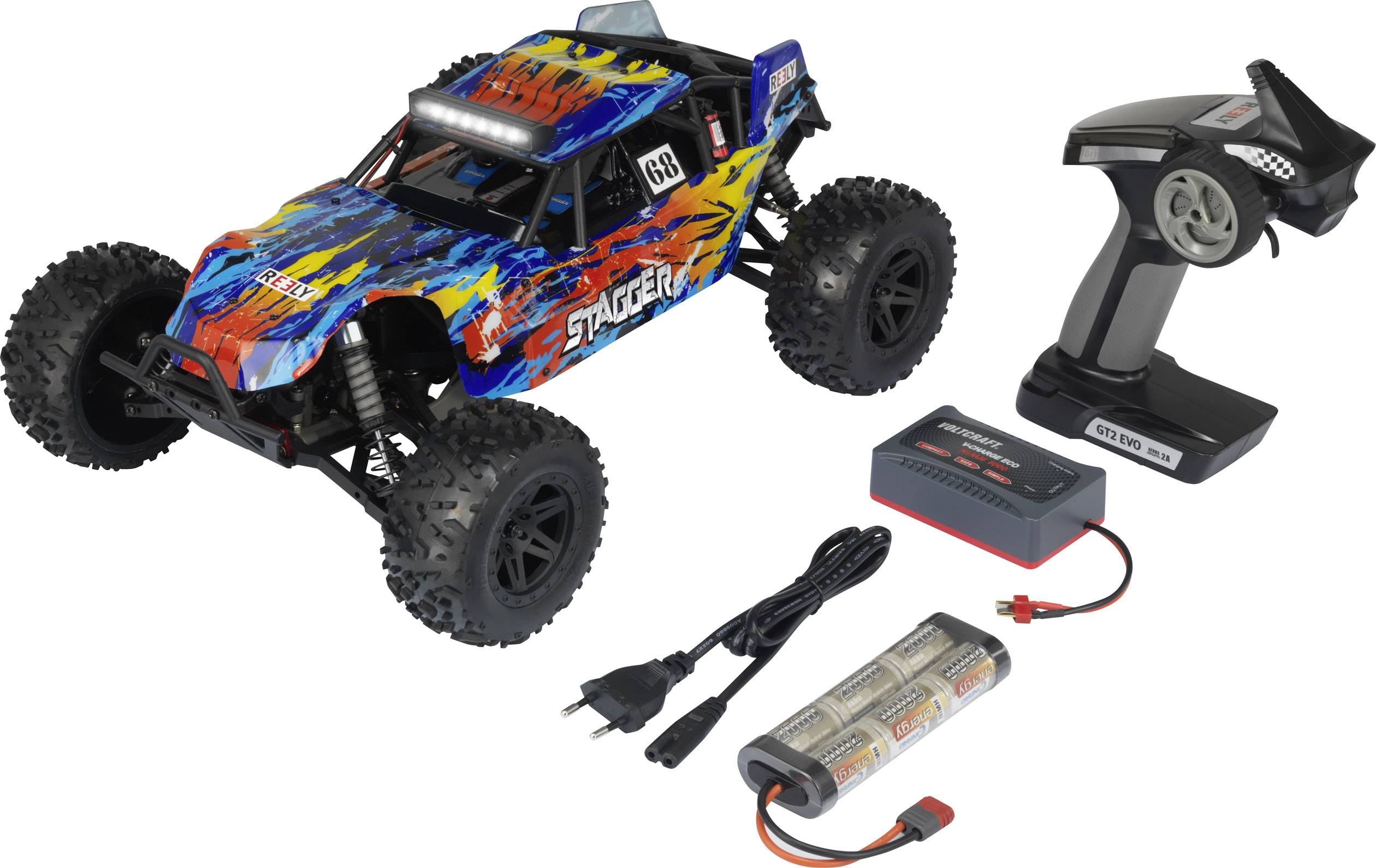 Spielzeug-RC-Auto-Set mit farbenfrohem Offroad-Auto, Fernbedienung, Ladegerät, Batterien und Kabel für den Outdoor-Einsatz.