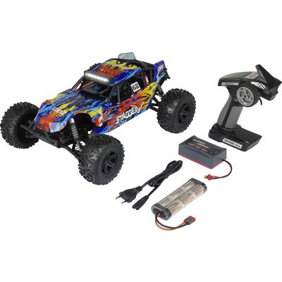 Spielzeug-RC-Auto-Set mit farbenfrohem Offroad-Auto, Fernbedienung, Ladegerät, Batterien und Kabel für den Outdoor-Einsatz.