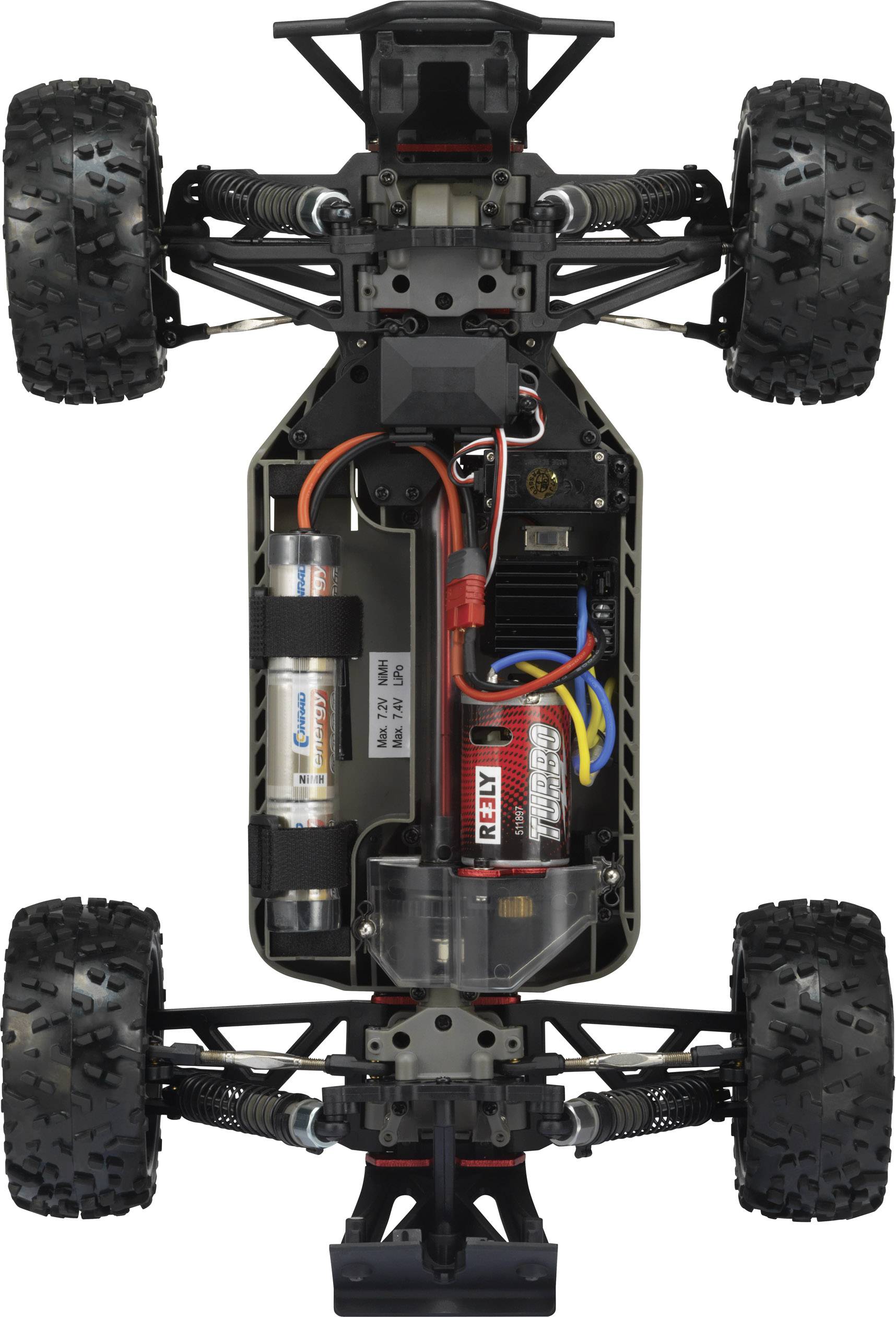 Die Abbildung zeigt das Chassis eines ferngesteuerten Autos von unten, inklusive Räder, Stoßdämpfer, Akku und elektronischer Komponenten.