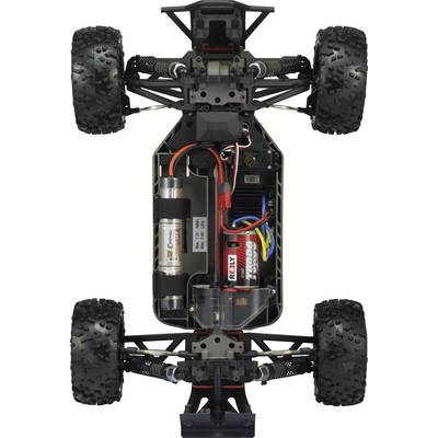 Die Abbildung zeigt das Chassis eines ferngesteuerten Autos von unten, inklusive Räder, Stoßdämpfer, Akku und elektronischer Komponenten.