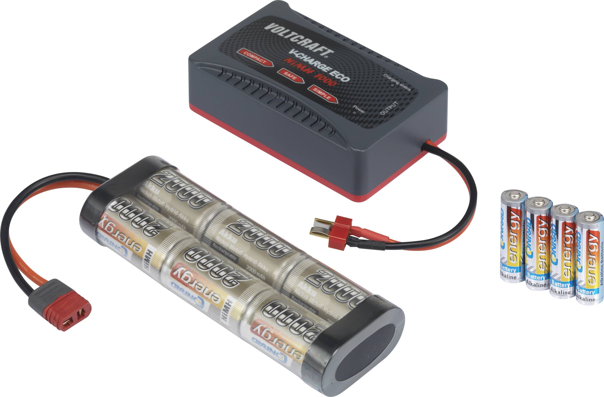 Ein Ladegerät mit mehreren AA-Batterien und einem Akku-Pack, das Energie geliefert bekommt.