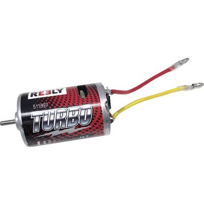 Ein Elektromotor mit rot und gelbem Kabel, auf dem 'TURBO' steht. Geeignet für Modellfahrzeuge. Herstellername 'REELY'.