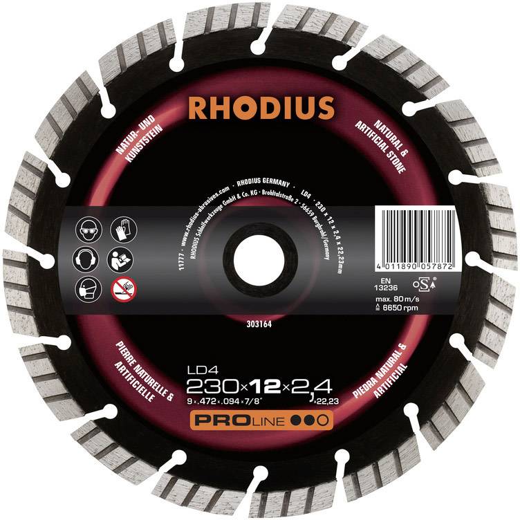Kreissägeblatt von Rhodius, Pro Line Serie, mit 230 mm Durchmesser, geeignet für Beton und Naturstein. Maximale Drehzahl: 6.650 U/min.