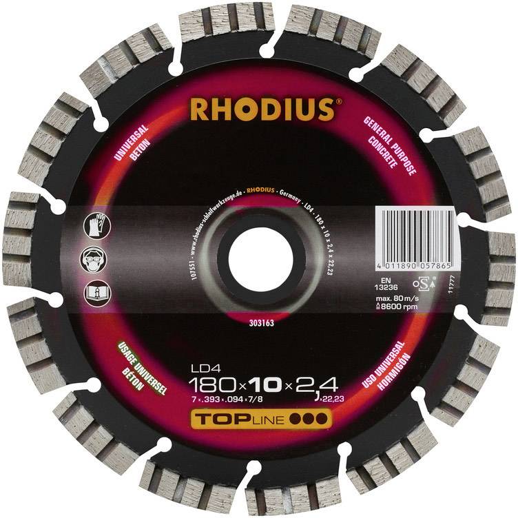 'RHODIUS' Diamanttrennscheibe, 180 mm Durchmesser, anwendbar für Beton. Rote Scheibe mit Markierungs- und Anwendungsinformationen.