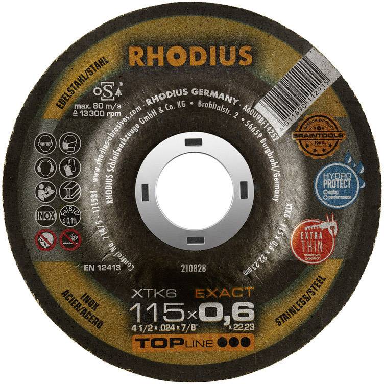'RHODIUS 115 x 0,6' Trennscheibe für Winkelschleifer. Beschriftung: 'Effizient - Made in Germany. HydroProtect, Verformungsschutz, Extra Dünn'.