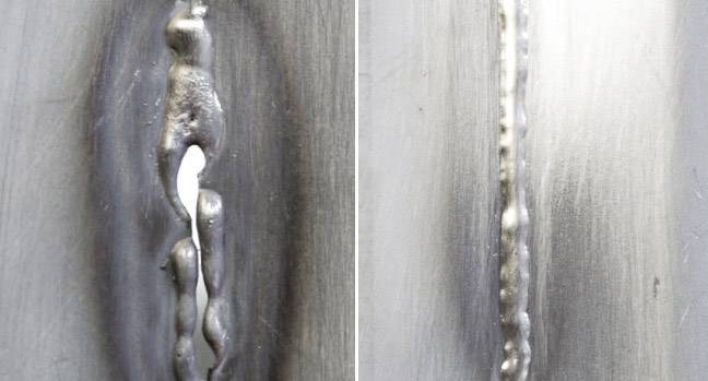 Zwei Metalloberflächen mit unterschiedlichen Schweißnähten: links ungleichmäßige, rechts glatte und gleichmäßige Naht.