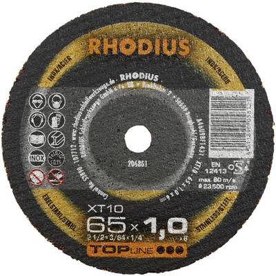 Schleifscheibe der Marke RHODIUS mit 65 mm Durchmesser und 1,0 mm Dicke, geeignet für Metallbearbeitung mit max. 23.850 U/min.