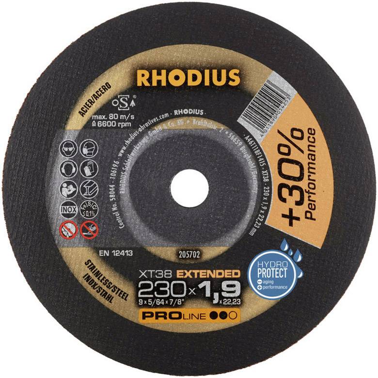 Schleifscheibe von Rhodius, Modell XT38 Extended, 230x1,9 mm, für Edelstahl. Bis zu 30% mehr Leistung. Geschwindigkeit max. 80 m/s.