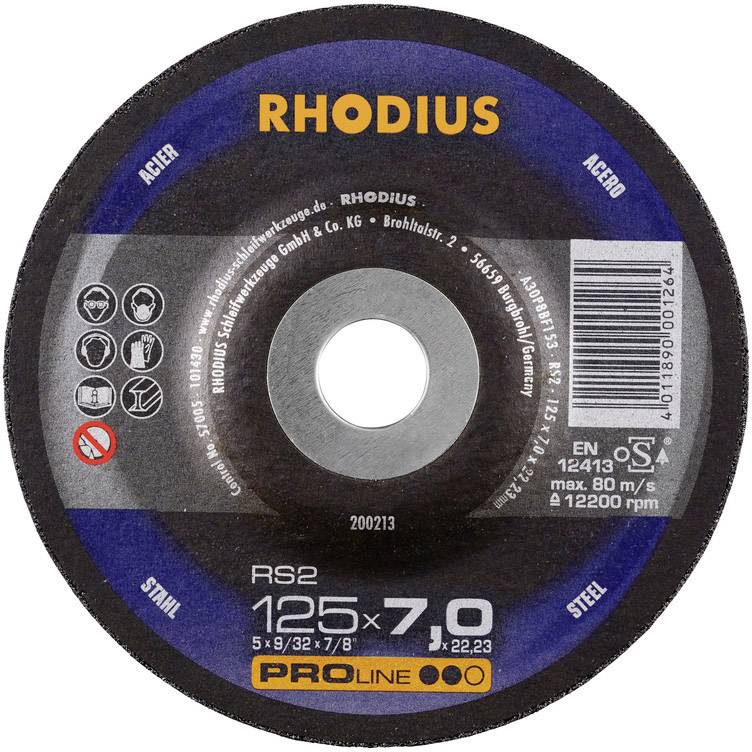 'RHODIUS' Schleifscheibe mit 125x7,0 mm Größe, RS2 Modell, für Stahl, max. 80 m/s Geschwindigkeit, 12200 U/min.
