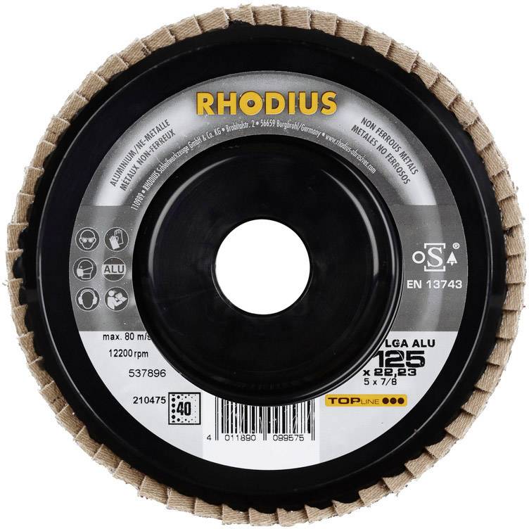 'Schleifscheibe der Marke Rhodius, Modell LGA ALU 125 x 22,23 mm. Max. Umdrehung: 80 m/s bei 12.200 U/min. Geeignet für Metall.'