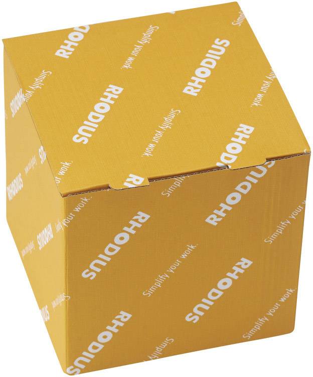Eine orangefarbene Kartonschachtel mit dem weißen Schriftzug 'RHODIUS' und dem Slogan 'Simplify your work' darauf.