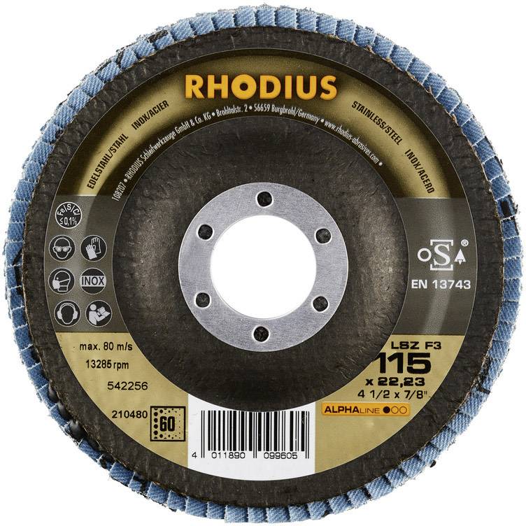'RHODIUS' Schleifscheibe, rund, mit Sicherheitsinformationen und Produktspezifikationen wie max. Drehzahl, Größe und Materialien.