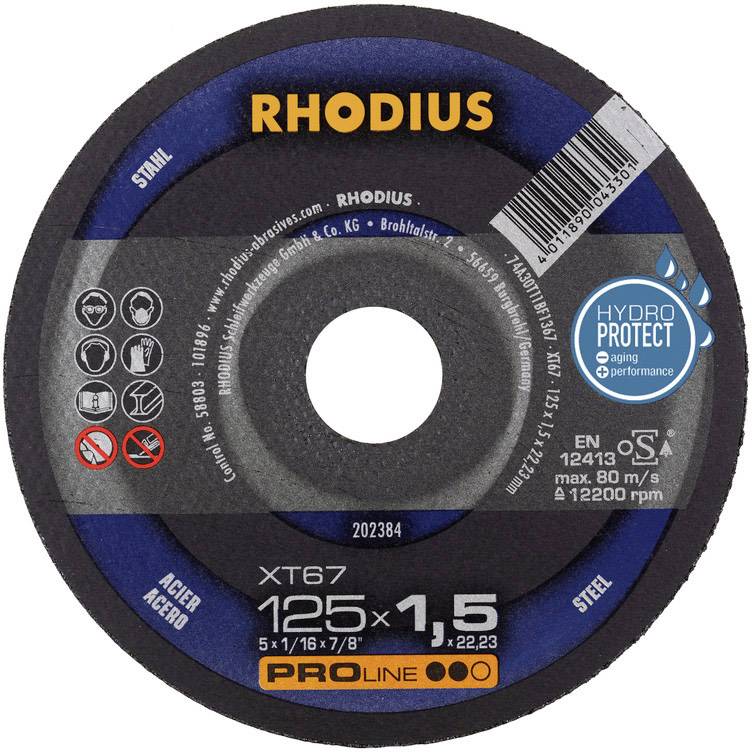 'RHODIUS Trennscheibe XT67, geeignet für Stahl und Edelstahl. Durchmesser 125 mm, Dicke 1,5 mm. Maximale Drehzahl 12.200 U/min.'