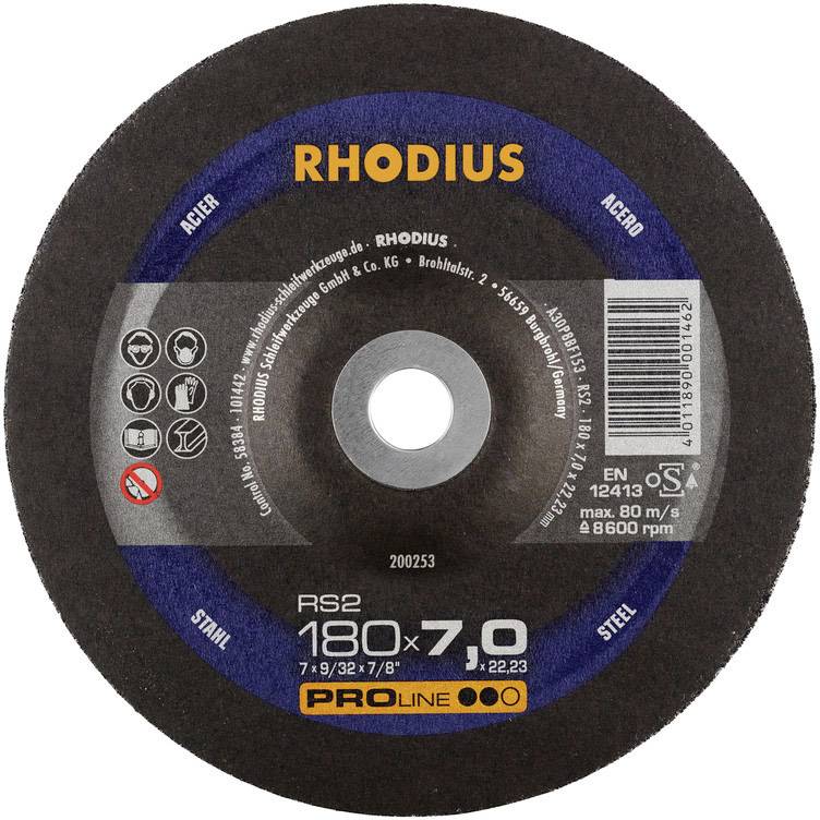 Schleifscheibe der Marke 'RHODIUS', beschriftet für Stahl und Edelstahl, Durchmesser 180x7.0 mm, max. 80 m/s, 8600 U/min.