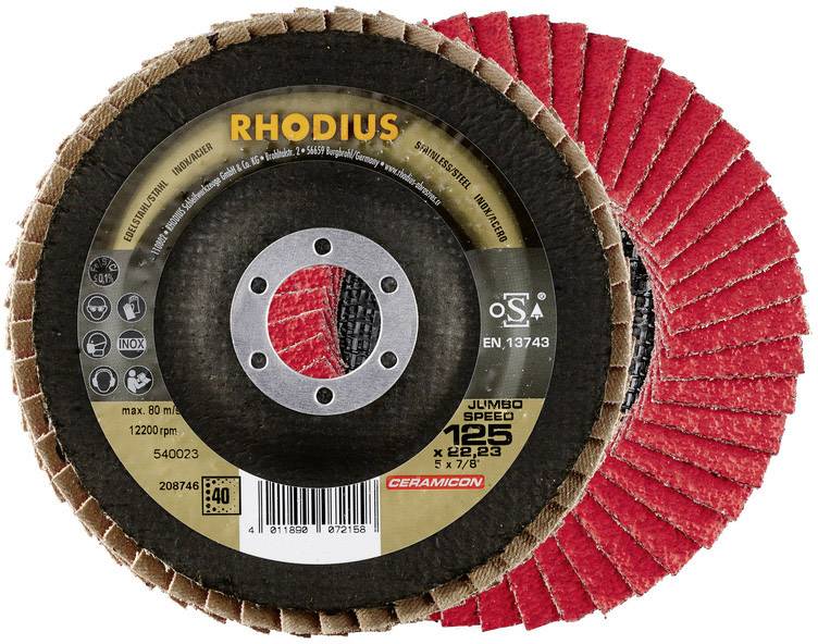 'Rhodius Schleifmopteller Jumbo Speed P40' zeigt eine Ansicht von vorne und hinten des Schleifwerkzeugs mit rot-braunen Lamellen.