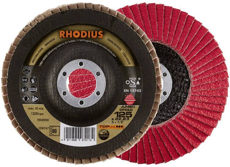 Zwei übereinanderliegende Schleifscheiben von Rhodius, eine in Rot, mit Eigenschaften wie max. U/min 12.250 und Größe 125 mm.