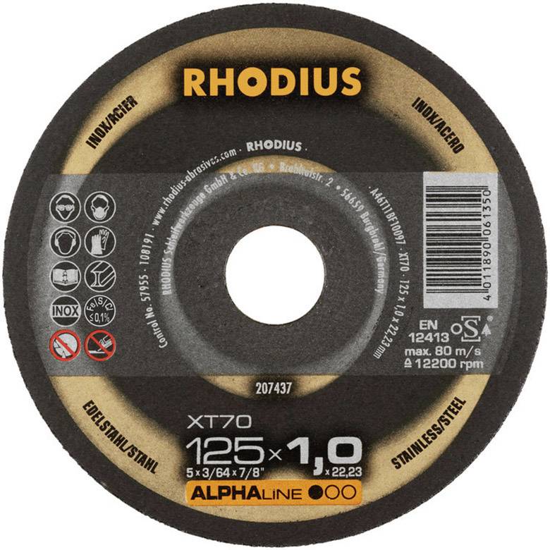 Schleifscheibe 'RHODIUS' für Edelstahl, Durchmesser 125 mm, Stärke 1 mm, max. 80 m/s, 12200 U/min, Typ XT70, EN 12413.