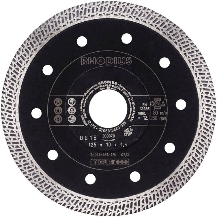 Eine kreisförmige Trennscheibe mit der Aufschrift 'RHODIUS'. Größe: 125 x 10 x 1,4 mm. Norm: EN 13236. Maximale Drehzahl: 80 m/s.